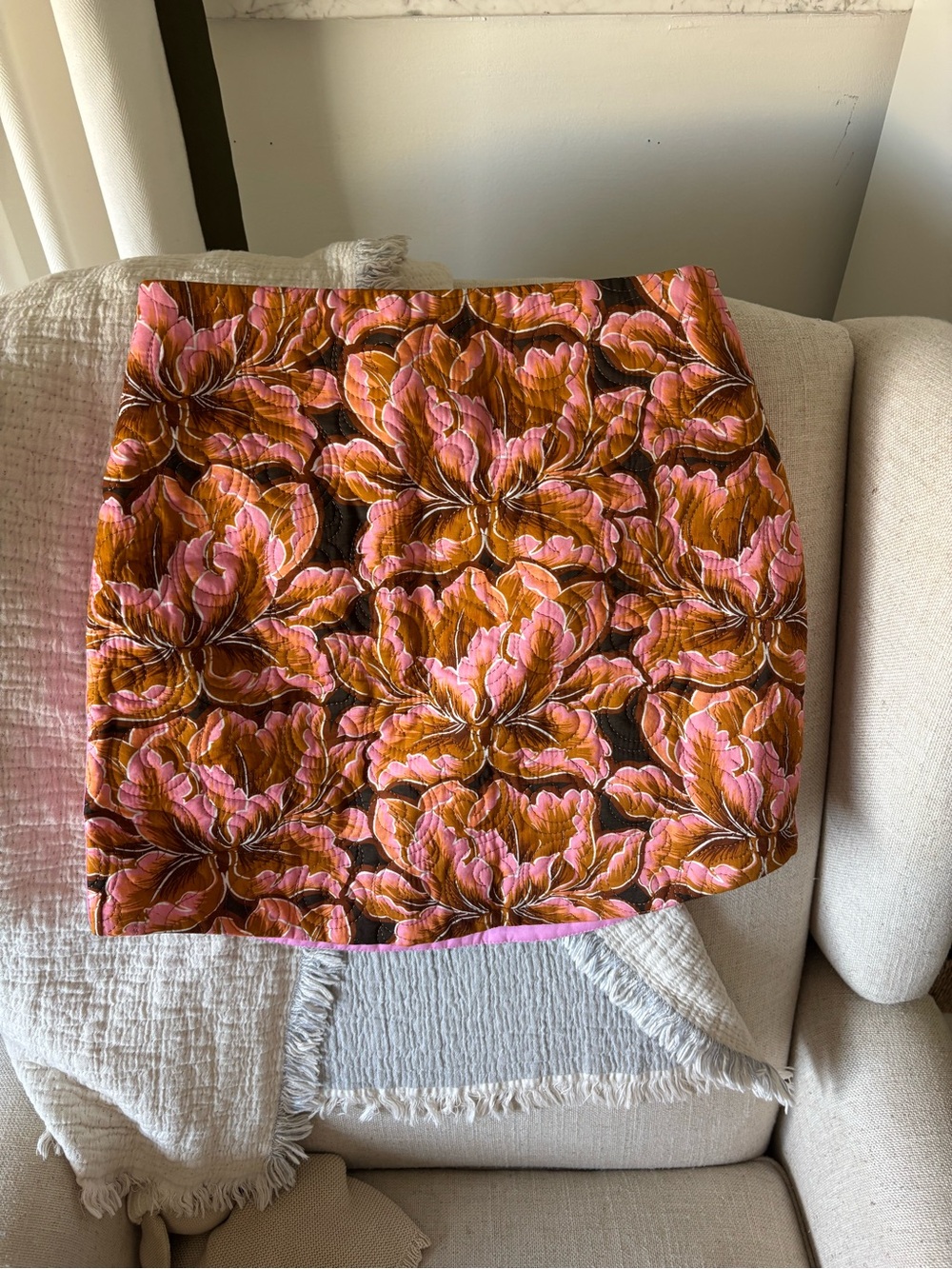 Anthropologie Pink and Brown Floral Quilted Mini Skirt